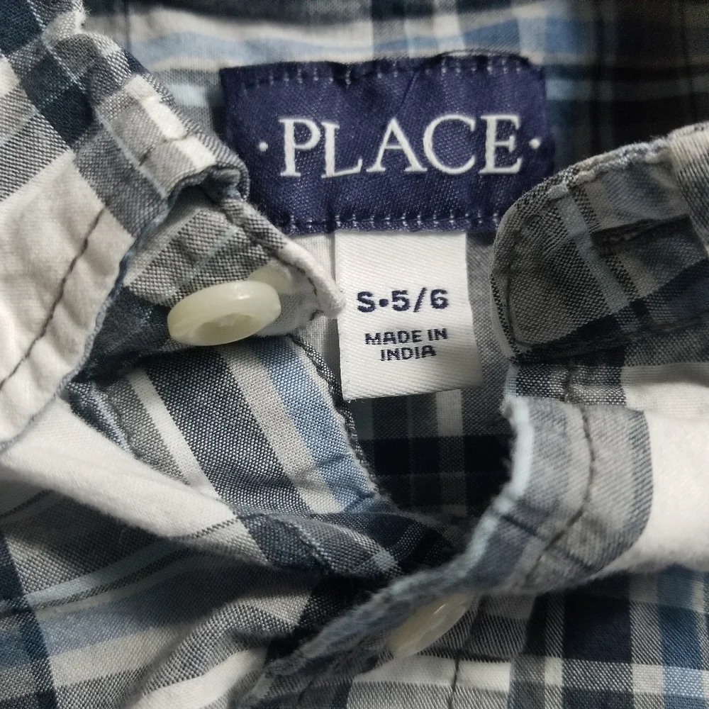 CHILDREN'S PLACE BUTTON DOWN BOYS SHIRT SIZE SMALL 5/6 BLUE/BLACK/WHITE
